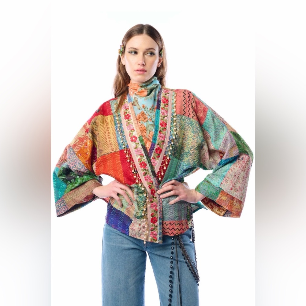 ARATTA SILENT JOURNEY SILK BEADS & EMBROIDERED KIMONO KANTHA JACKET